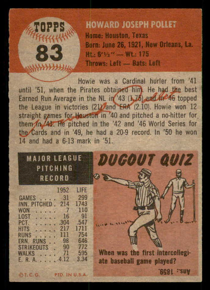 1953 Topps Baseball #083 Howie Pollet Pirates EX-MT 550305