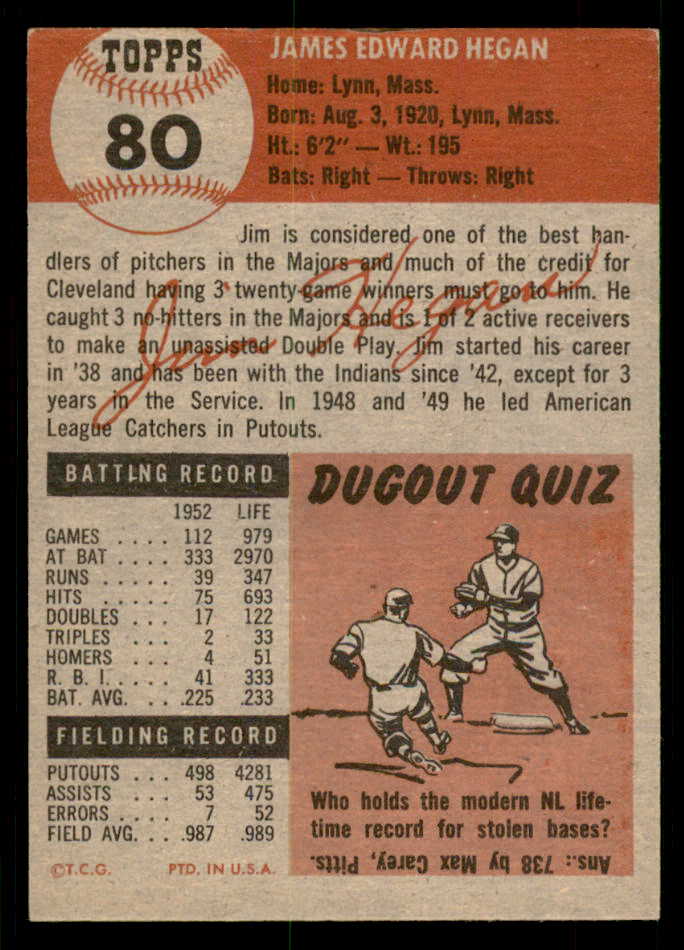 1953 Topps Baseball #080 Jim Hegan Indians EX-MT 550306
