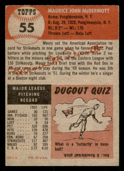 1953 Topps Baseball #055 Maurice McDermott Red Sox EX-MT 550308