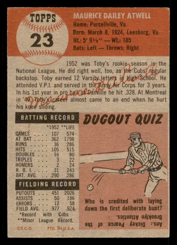 1953 Topps Baseball #023 Toby Atwell Cubs EX-MT 550312