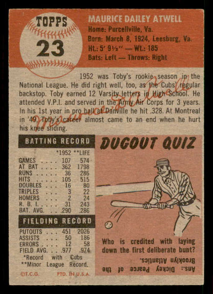 1953 Topps Baseball #023 Toby Atwell Cubs EX-MT 550312