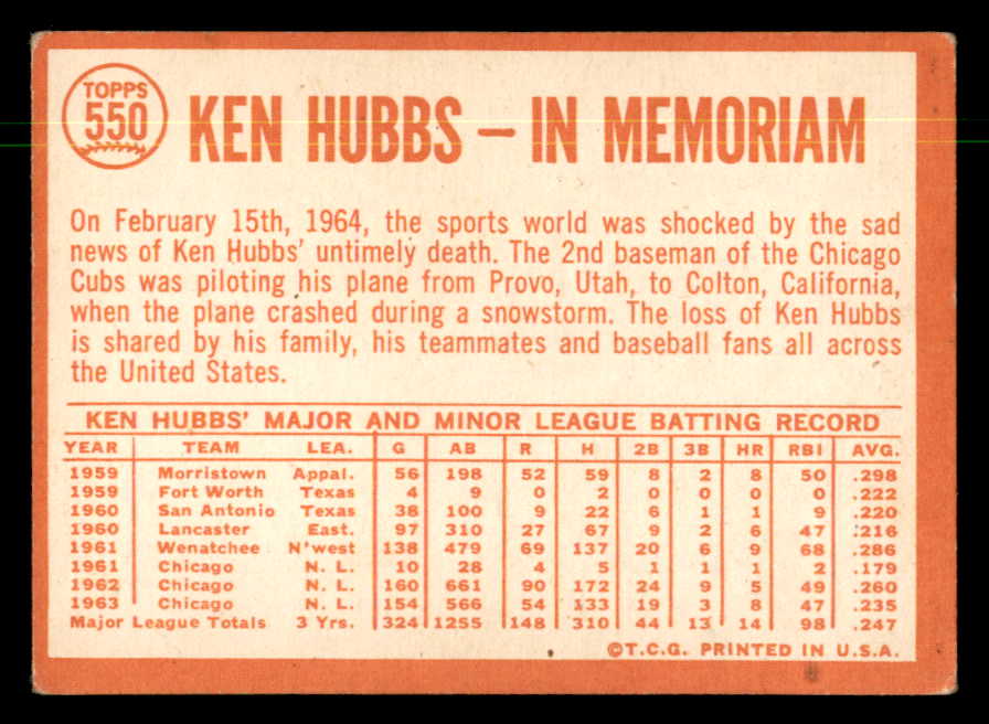 1964 Topps Baseball #550 Ken Hubbs Cubs VG-EX 550319