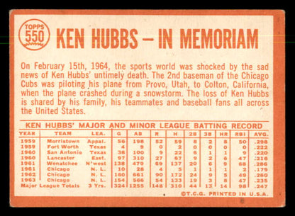 1964 Topps Baseball #550 Ken Hubbs Cubs VG-EX 550319