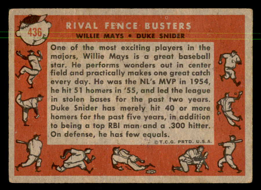 1958 Topps Baseball #436 Willie Mays Duke Snider VG 550333