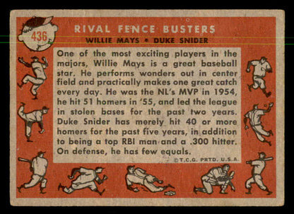 1958 Topps Baseball #436 Willie Mays Duke Snider VG 550333