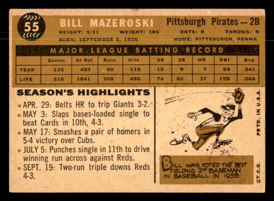 1960 Topps Baseball #055 Bill Mazeroski Pirates VG-EX 550349
