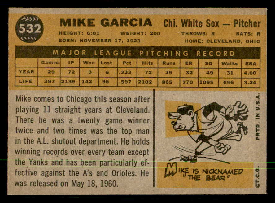 1960 Topps Baseball #532 Mike Garcia White Sox NR-MT 550376