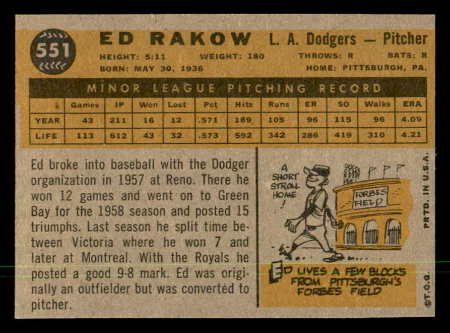 1960 Topps Baseball #551 Ed Rakow Dodgers NR-MT 550377