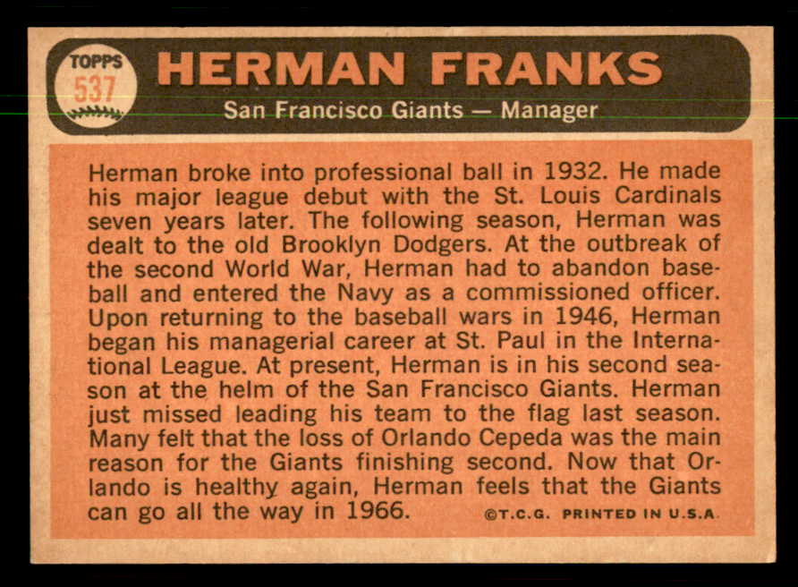 1966 Topps Baseball #537 Herman Franks Giants NR-MT 550381