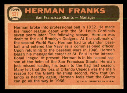 1966 Topps Baseball #537 Herman Franks Giants NR-MT 550381