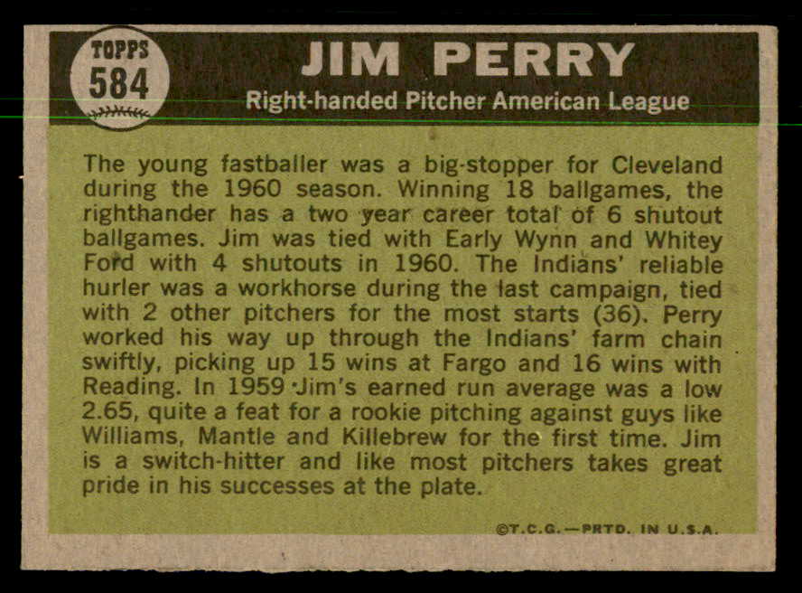 1961 Topps Baseball #584 Jim Perry A.S. Indians NR-MT 550428