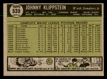 1961 Topps Baseball #539 Johnny Klippstein Senators NR-MT 550431