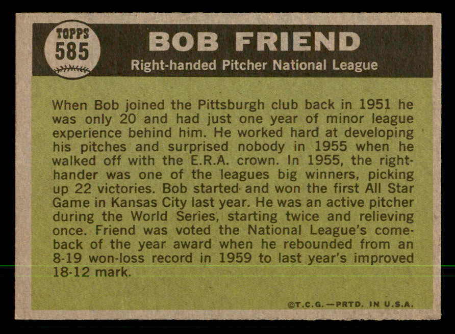 1961 Topps Baseball #585 Bob Friend A.S. Pirates NR-MT 550443
