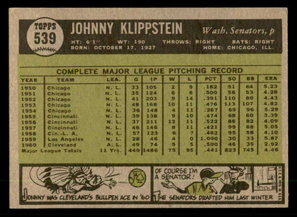 1961 Topps Baseball #539 Johnny Klippstein Senators EX-MT 550457