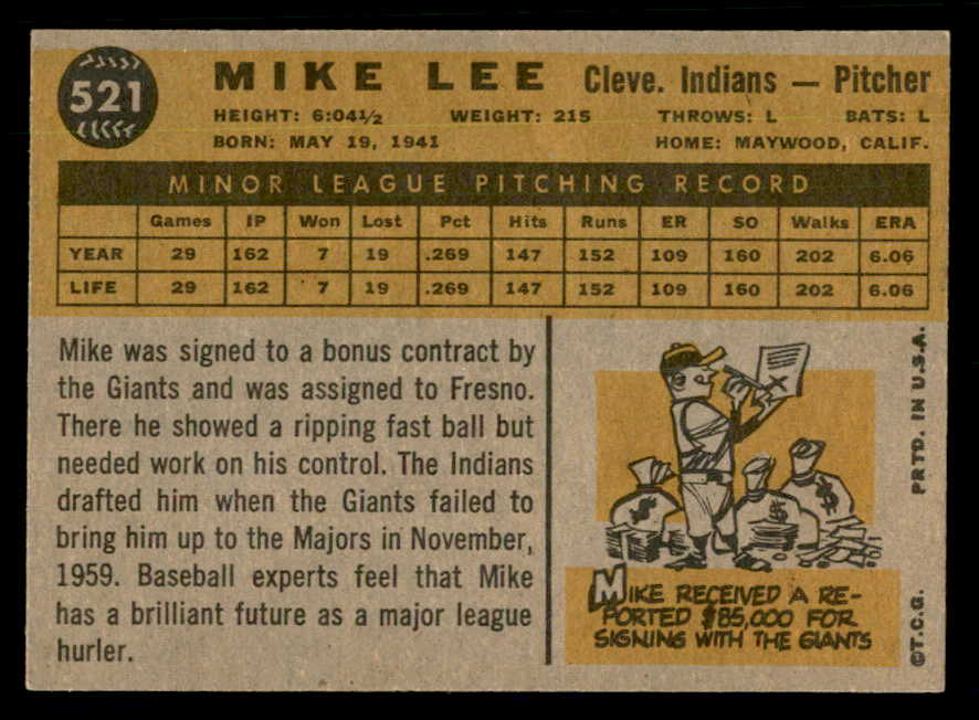 1960 Topps Baseball #521 Mike Lee Indians EX-MT 550480