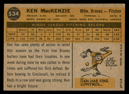 1960 Topps Baseball #534 Ken MacKenzie Braves EX-MT 550490
