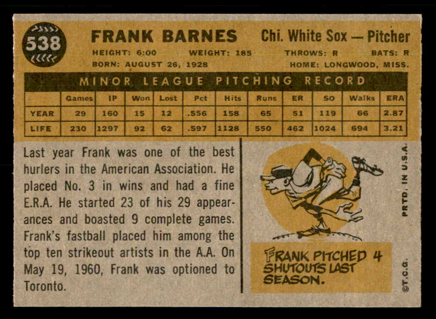 1960 Topps Baseball #538 Frank Barnes White Sox EX-MT 550493
