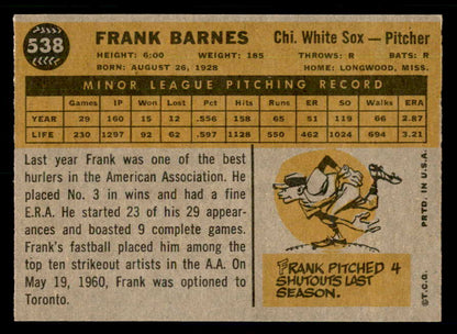 1960 Topps Baseball #538 Frank Barnes White Sox EX-MT 550493
