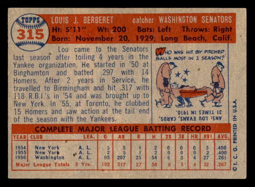 1957 Topps Baseball #315 Lou Berberet Senators EX-MT 550594