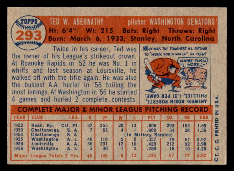 1957 Topps Baseball #293 Ted Abernathy Senators EX-MT 550603