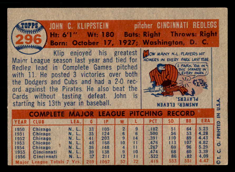 1957 Topps Baseball #296 Johnny Klippstein Reds EX-MT 550617