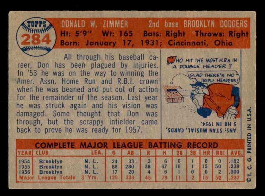 1957 Topps Baseball #284 Don Zimmer Dodgers VG-EX 550631