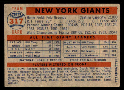 1957 Topps Baseball #317 New York Giants Team VG-EX 550632