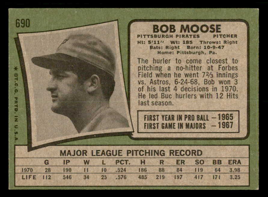 1971 Topps Baseball #690 Bob Moose Pirates VG-EX 550635