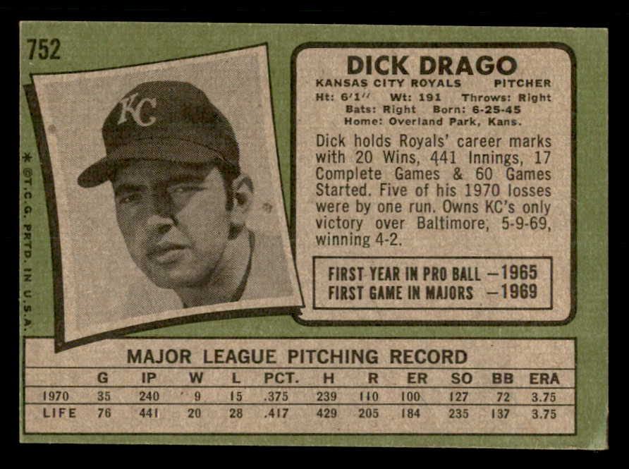 1971 Topps Baseball #752 Dick Drago Royals VG-EX 550639