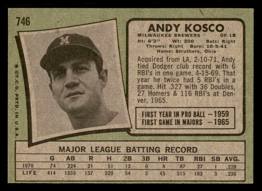 1971 Topps Baseball #746 Andy Kosco Brewers EX-MT 550643