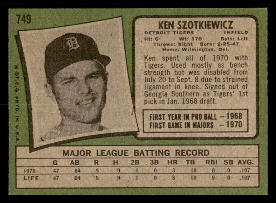 1971 Topps Baseball #749 Ken Szotkiewicz Tigers EX-MT 550645