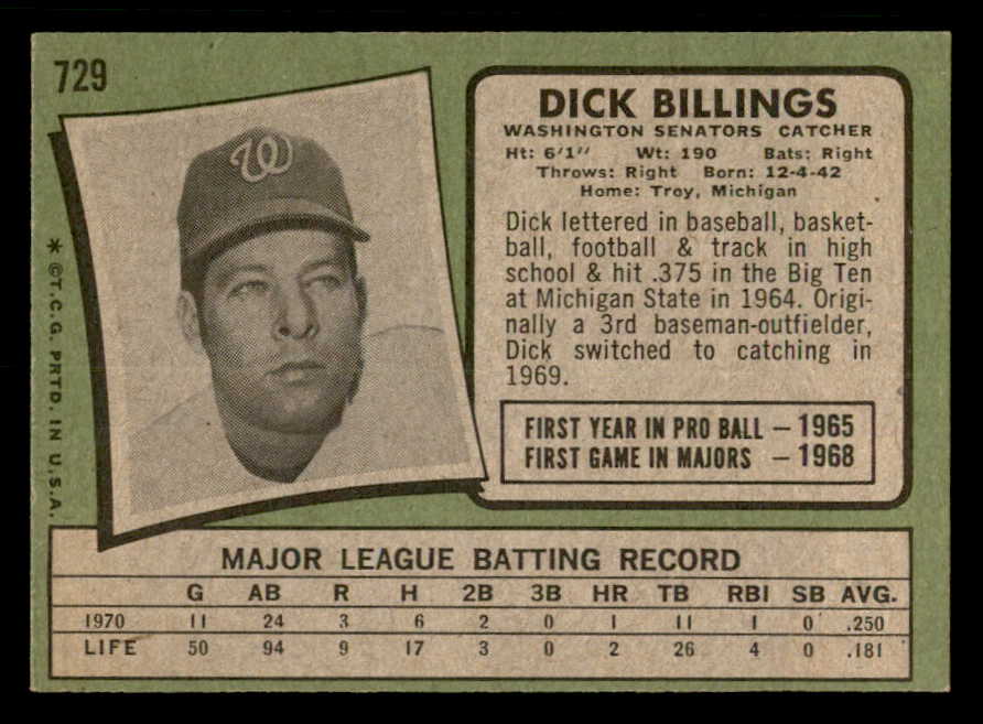 1971 Topps Baseball #729 Dick Billings Senators EX-MT 550650