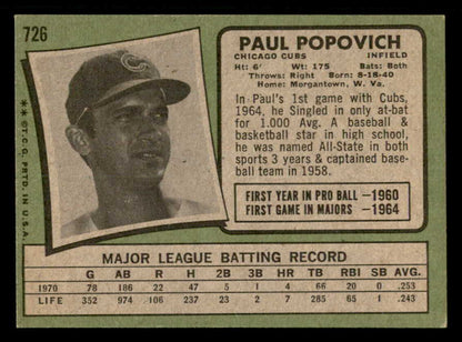 1971 Topps Baseball #726 Paul Popovich Cubs EX-MT 550653