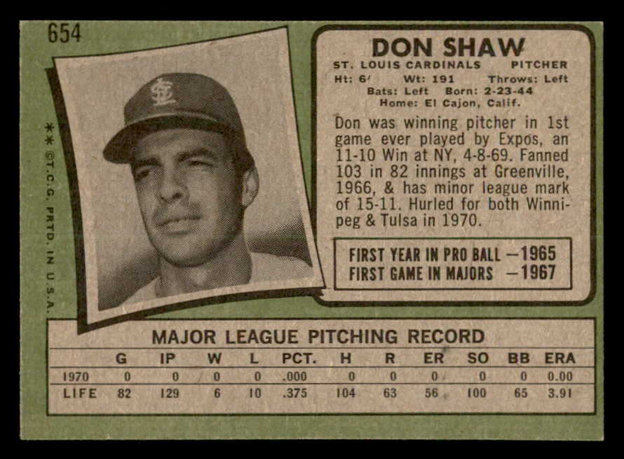 1971 Topps Baseball #654 Don Shaw Cardinals EX-MT 550655