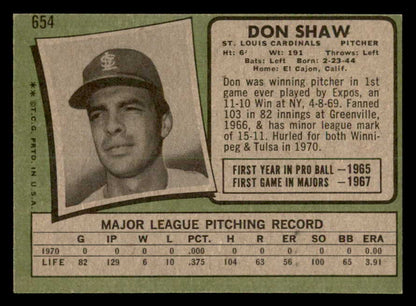 1971 Topps Baseball #654 Don Shaw Cardinals EX-MT 550655