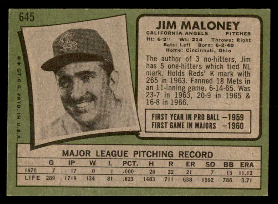 1971 Topps Baseball #645 Jim Maloney Angels EX-MT 550668