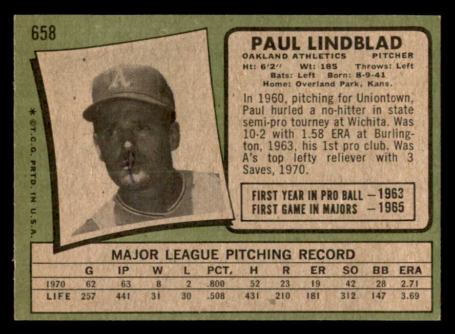 1971 Topps Baseball #658 Paul Lindblad A's EX-MT 550669