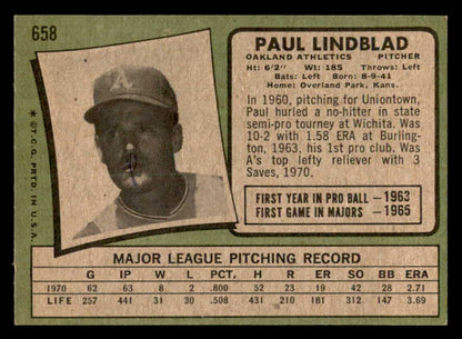 1971 Topps Baseball #658 Paul Lindblad A's EX-MT 550669