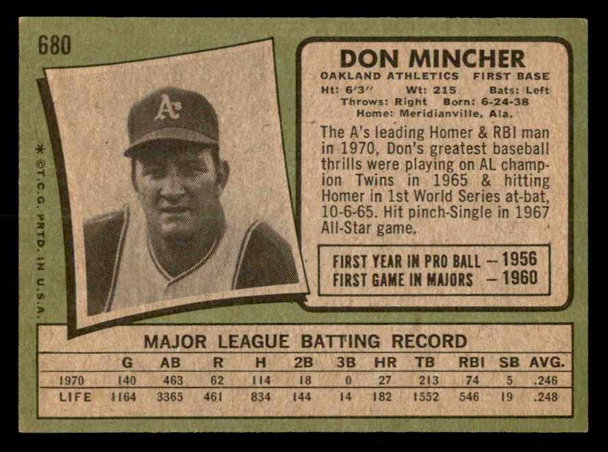 1971 Topps Baseball #680 Don Mincher A's EX-MT 550677