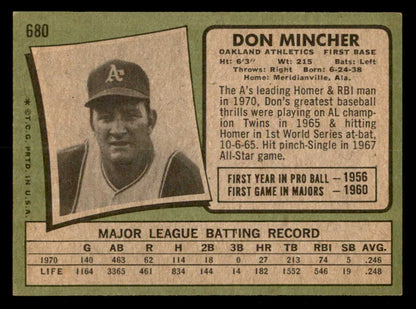 1971 Topps Baseball #680 Don Mincher A's EX-MT 550677