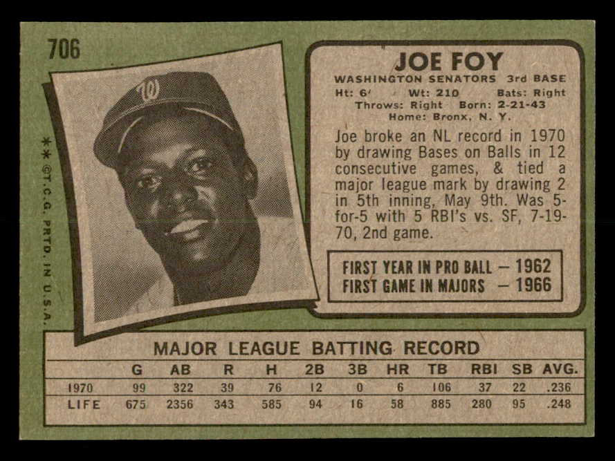 1971 Topps Baseball #706 Joe Foy Senators EX-MT 550681