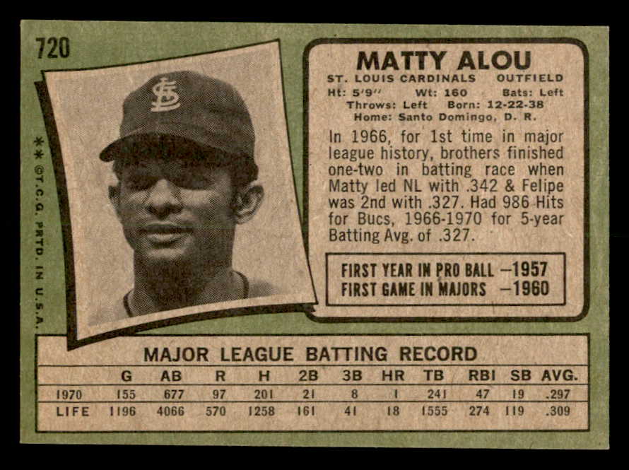 1971 Topps Baseball #720 Matty Alou Cardinals EX-MT 550690