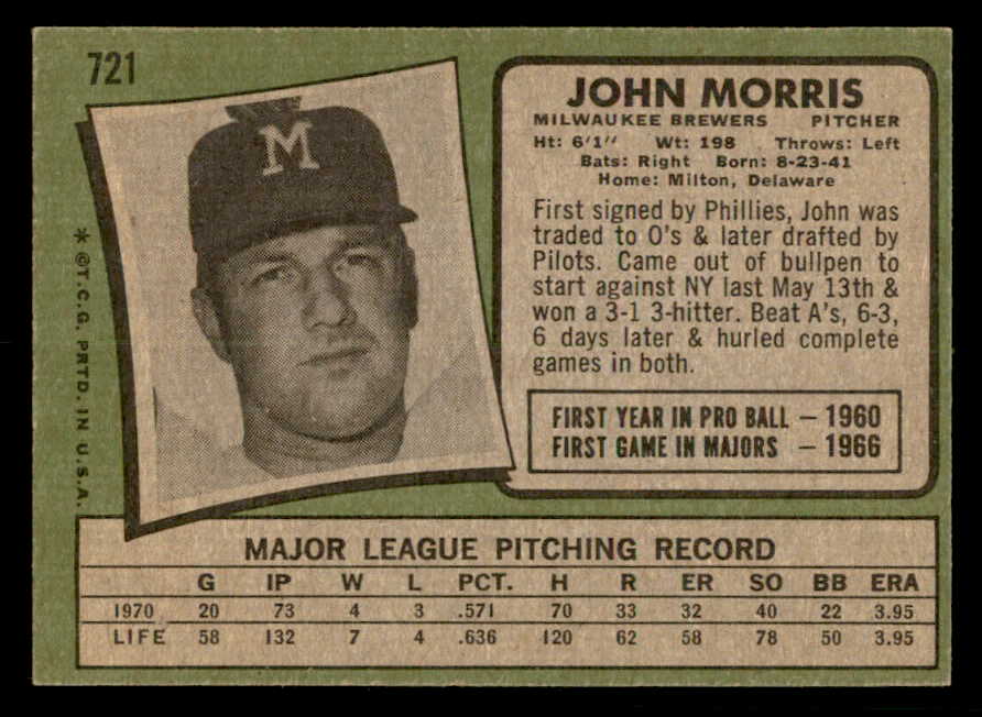 1971 Topps Baseball #721 John Morris Brewers EX-MT 550691