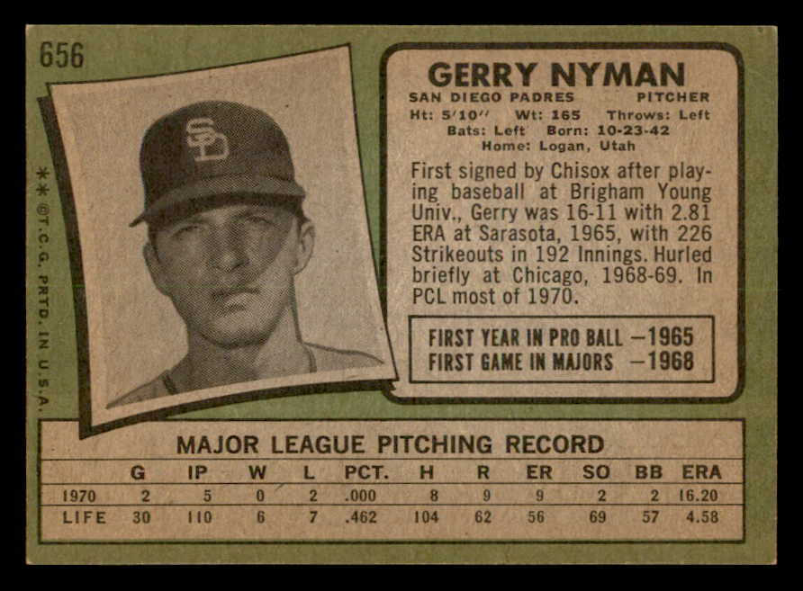 1971 Topps Baseball #656 Gerry Nyman Padres NR-MT 550701