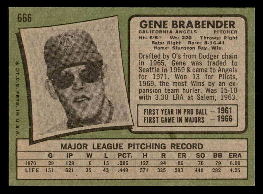 1971 Topps Baseball #666 Gene Brabender Angels NR-MT 550706