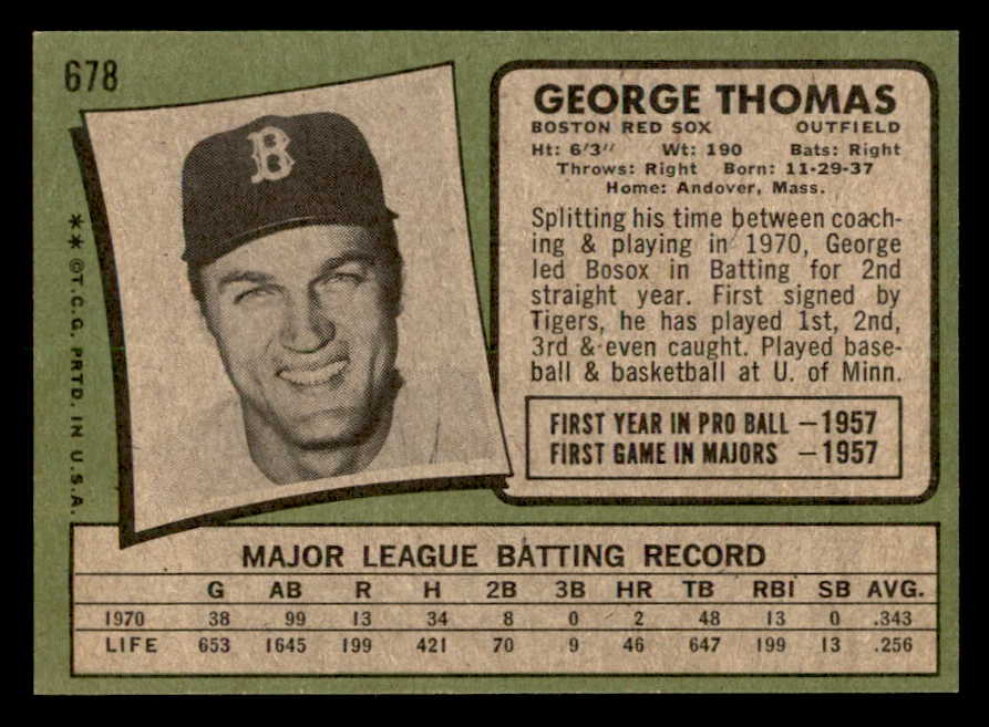 1971 Topps Baseball #678 George Thomas Red Sox NR-MT 550712