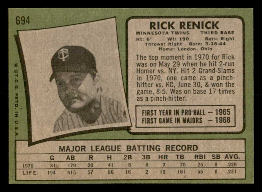 1971 Topps Baseball #694 Rick Renick Twins NR-MT 550717