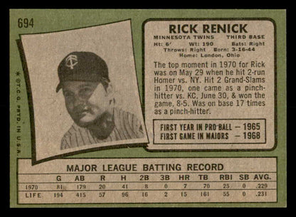 1971 Topps Baseball #694 Rick Renick Twins NR-MT 550717