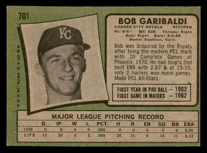 1971 Topps Baseball #701 Bob Garibaldi Royals NR-MT 550722