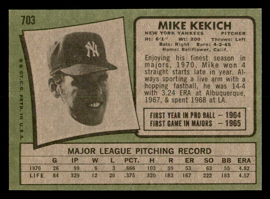 1971 Topps Baseball #703 Mike Kekich Yankees NR-MT 550723